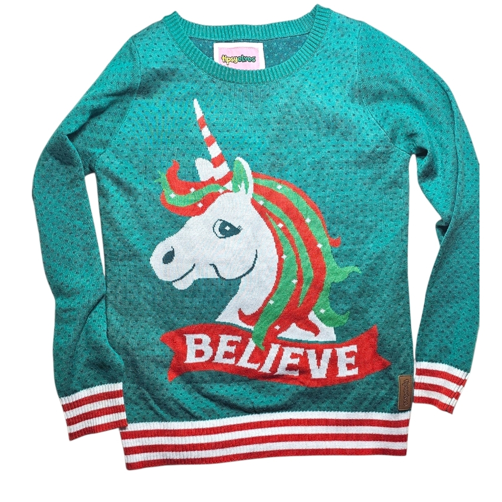 Tipsy Elves Teal Unicorn UGLY Christmas Sweater XS Rainbow Holiday Party Stipes
